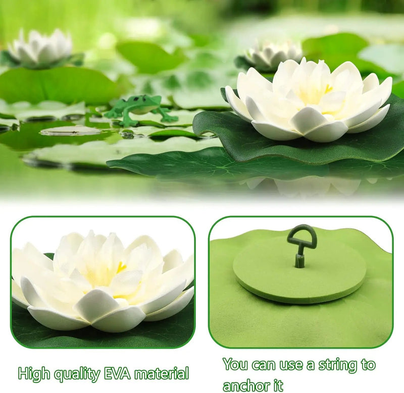 10pcs Artificial Floating Foam Lotus Flowers with Artificial Frog Lotus Leaves, Lily Pads for Lake, Pond Plants Ornaments for Pool Aquarium Water Decoration, White by GreenHaven Gardens