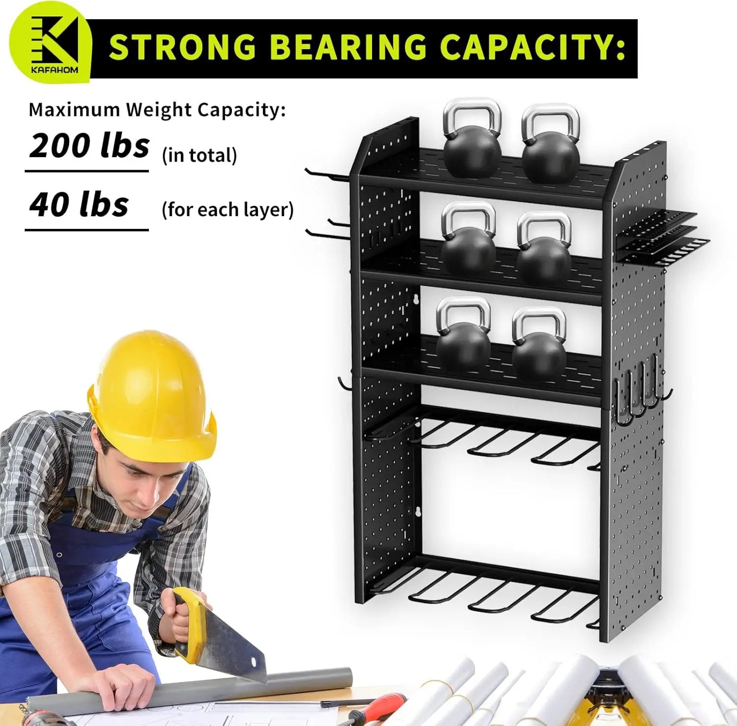 KAFAHOM Power Tool Organizer,Large 8 Drill Holder Wall Mount with 2 Side Pegboards,5 Layer Metal Tool Storage Rack with 12 Hooks,Tool Shelf for Garage Organization,Utility Battery Shelves - Black by GreenHaven Gardens