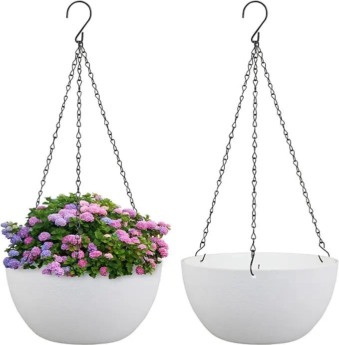 8 inch Small Hanging Planters for Indoor Outdoor Plants, 2 Pack Hanging Flower Pots with Drainage Holes and Chain for Garden Porch Plants, Plastic Hanging Baskets for House Plants, White by GreenHaven Gardens