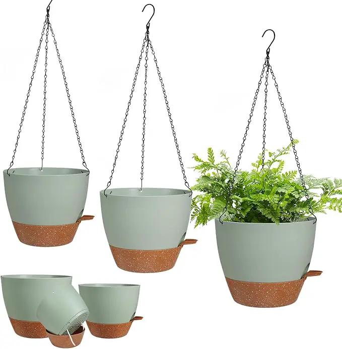 3 Pack Hanging Planter Indoor Outdoor Flower Pots 7/6.5/5 Inch, Self-Watering Hanging Pot with Drainage Holes Hanging Baskets Holder Plant Pots for Garden (Green) by GreenHaven Gardens