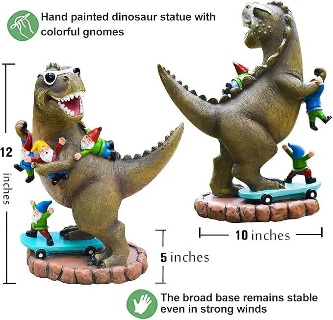 Garden Statue Outdoor Decoration, Cool Dinosaur Play Skateboard with Gnomes Figurines, Indoor Outdoor Decor Art for Patio Lawn Yard, Housewarming Garden Gift… by GreenHaven Gardens