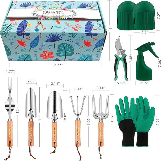 YAUNGEL Gardening Tools - 10 Pcs Garden Tool Set Heavy Duty Stainless Steel Garden Supplies Hand Tools with Wooden Handle, Storage Tote Bag, Gardening Gifts for Women and Men by GreenHaven Gardens