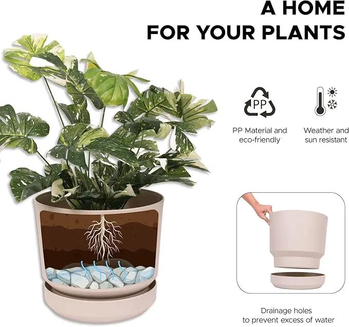 Elly Décor 14 inch Plastic Cylinder Planter Pot with Self-Watering Saucer and Drainage Hole,Lightweight & Extremely Durable, 14"x 14", Ivory by GreenHaven Gardens