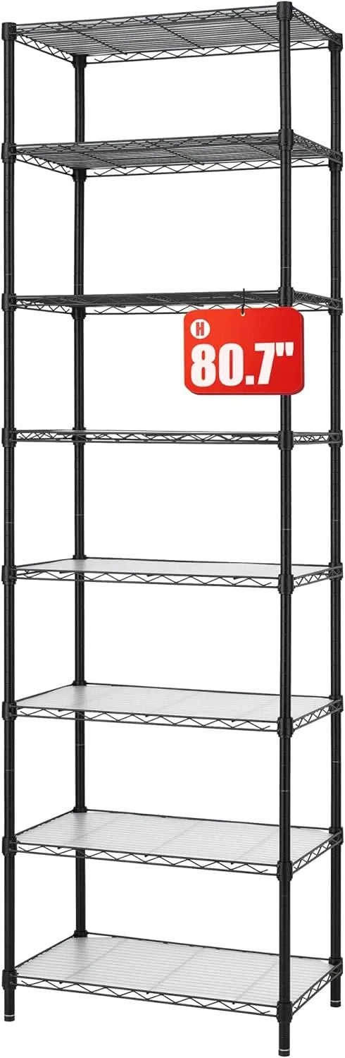 Finnhomy 8-Tier Wire Shelving Unit Adjustable Steel Wire Rack Shelving, 80.7 Inches Height 8 Shelves Metal Storage Rack, Pantry Shelves for Storage with PE mat, NSF Certified, Black by GreenHaven Gardens