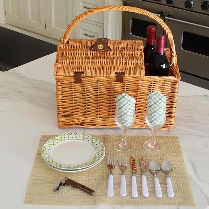 Picnic at Ascot Vineyard Willow Picnic Basket with service for 2 - Gazebo by GreenHaven Gardens