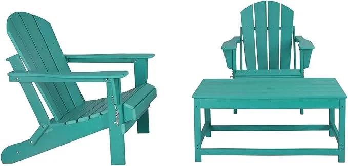 WO Home Furniture Adirondack Chairs Table Set of 3 PCS Outdoor Folding Chairs Coffee Table Weather/UV Resistant for Lawn, Garden, Bon Fire, Balcony (Turquoise) by GreenHaven Gardens