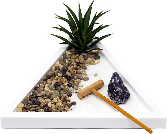 Nature's Mark Mini Zen Garden Kit for Desk with White Sand, Rake, White Base, Salt Rock and Air Plant (Triangle) by GreenHaven Gardens