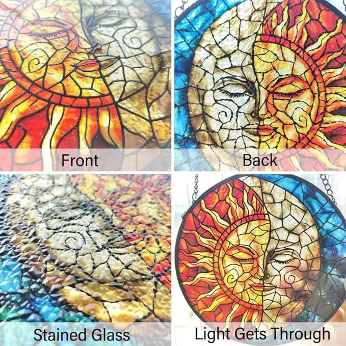 Sun and Moon Suncatcher Stained Glass Window Hanging - Handmade Stain Glass Suncatchers with Chain - Sun Catchers Indoor Window Glass Panel for Home Decor Garden Thanksgiving Valentines Day Gifts by GreenHaven Gardens
