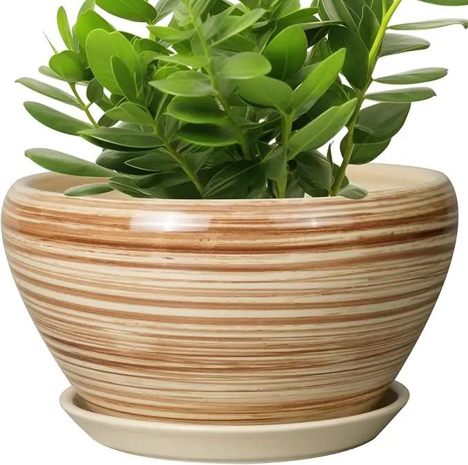 Ceramic Pot for Plants 11 Inch - Planter for Outdoor Plants Indoor Plant Pot with Drainage Hole and Saucer Large Planter Round Flower Pot for House Patio Garden Yellow by GreenHaven Gardens