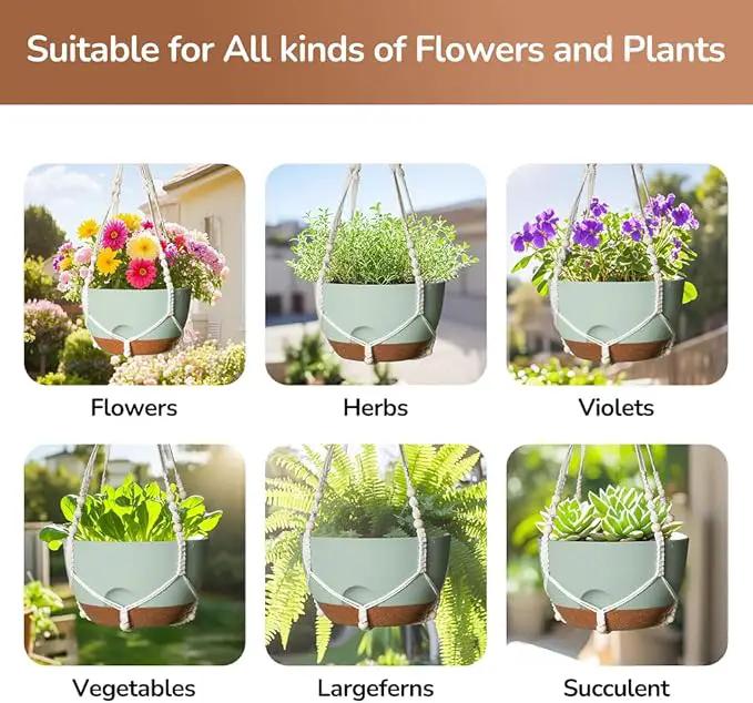 12 Inch Hanging Baskets for Plants Outdoor, Hanging Planters for Indoor Outdoor Plants, Hanging Planter with Self Watering, Hanging Flower Pots (Green Planter with Macrame + Iron Hangers) by GreenHaven Gardens
