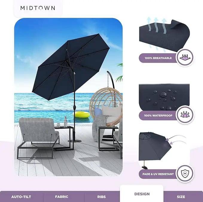 Midtown Umbrellas Sunbrella Umbrella 8 Feet Outdoor Umbrella With Sunbrella Canvas Navy Acrylic Fabric - Auto-Tilt Aluminum Frame Patio Umbrella For Backyard, Deck, Garden, Pool - Black Pole by GreenHaven Gardens
