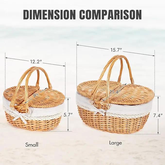 Happypicnic Wicker Picnic Basket with Handle, 15" Large Empty Picnic Basket with Lid & Removable Liner, Vintage Hand Woven Basket for Picnics, Camping, Veg Picking, Mother's Day, Thanksgiving (Solid) by GreenHaven Gardens