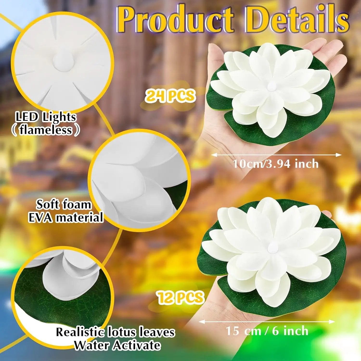 Liliful 36 Pcs Diwali Lotus Decoration Floating Lights Lotus Artificial Floating Flowers for Pool with LED Lights Battery Operated for Indian Puja Ganesh chaturthi Diwali(3.94, 5.91 Inch,White) by GreenHaven Gardens