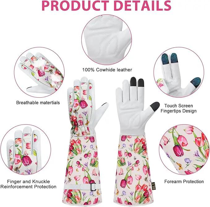 DLY Gardening Gloves for Women, Rose Gloves Gardening Thorn Proof, Long Garden Gloves for Women, Breathable Cowhide Leather Gauntlet(X-Large,White) by GreenHaven Gardens