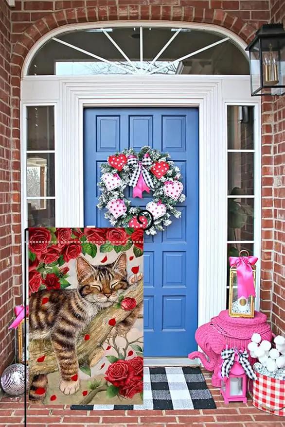 BLKWHT Valentines Cat Garden Flag 12x18 Vertical Double Sided Red Roses Spring Farmhouse Holiday Outside Decorations Burlap Yard Flag BW757 by GreenHaven Gardens