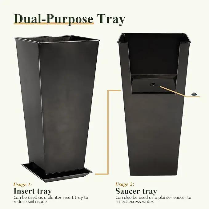 WORTH Garden Large Metal Glazed Planter Set of 2 (25" + 28"), Luxurious Glossy Finish Black Tall Square Tapered Steel Plant Pot, Decor Flower Pot Indoor & Outdoor, Drainage Hole & Dual-Purpose Saucer by GreenHaven Gardens