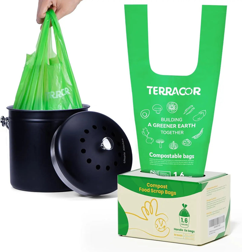 1.6 Gallon Compostable Food Scrap Bags Handle Tie for Kitchen Countertop Bin, 6 Liter Small Compost Bags, 50 Count, BPI Certified and Meet The ASTM D6400 Standard by GreenHaven Gardens