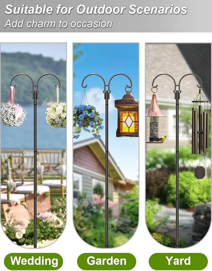 Outdoor Double Shepherds Hook with 5 Prong Base, 60 Inch Adjustable Heavy Duty Two Sided Bird Feeder Pole Stand for Hanging Plant Baskets, Solar Light Lanterns, Hummingbird Feeder, 1 Pack by GreenHaven Gardens