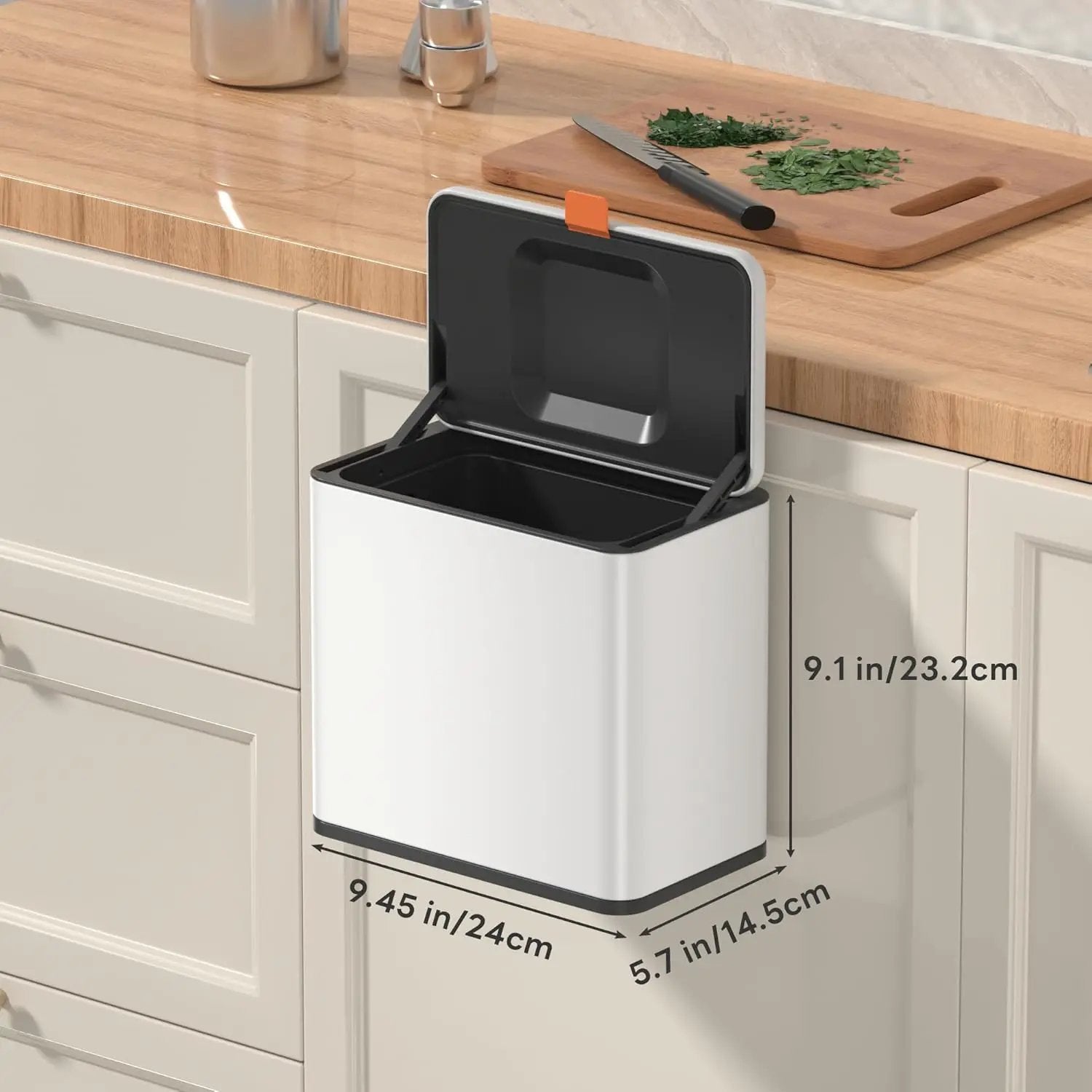 Mbillion Kitchen Compost Bin Hanging Trash Can with Lid 1.05 Gallon Stainless Steel Garbage Can for Kitchen Cabinet Door Mounted Trash Can Under Sink Door RV Bathroom,White by GreenHaven Gardens