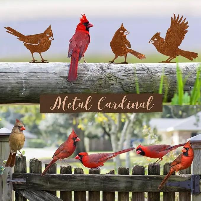 5PCS Rusty Birds Decoration, Fence Decorations Outdoor, Metal Birds Yard Decor Perfect Yard Art and Large Outdoor Ornaments, Cardinal Gifts by GreenHaven Gardens