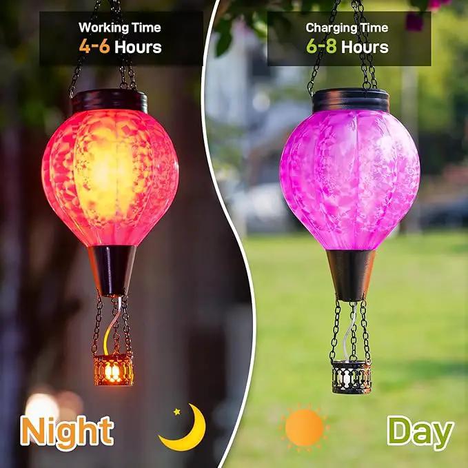 2PC Hot Air Balloon Solar Lantern with Flame, Pink Glass Balloon Lantern Lights Outdoor Waterproof, Hanging Solar Lights for Outside Garden Yard Patio Tree Porch Gift for Women Lovers Mom by GreenHaven Gardens