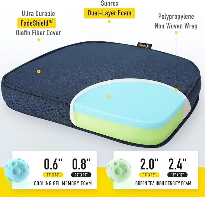 SUNROX Gel Memory Foam Chair Cushions, FadeShield Water-, Stain-Resistant Durable Reversible Seat Cushion Pads with Ties for Indoor/Outdoor Kitchen Dining Office 17"x16" Set of 6, Navy by GreenHaven Gardens