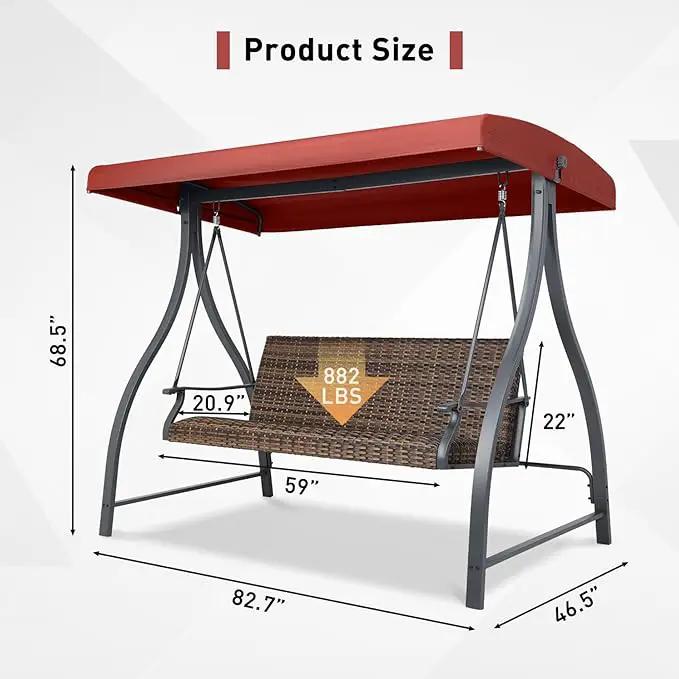 BPS 3 Seat Outdoor Porch Swing with Adjustable Canopy, PE Wicker Patio Swing Chair with Quick-Drying Foam Seat, 882 LBS Capacity, Proch Swings for Deck, Backyard, and Lawn, Red by GreenHaven Gardens