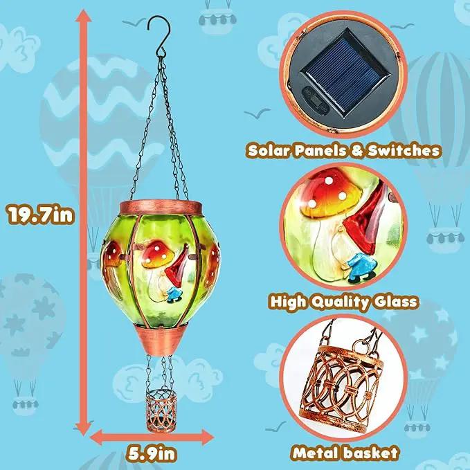 4 Pack Solar Hot Air Balloon Lantern with Flame， Mushroom Gnome Glass Solar Hanging Lanterns Outdoor for Outside Garden Patio Tree Porch Yard, Mushroom Gifts for Women Grandma Mom - Mushroom by GreenHaven Gardens