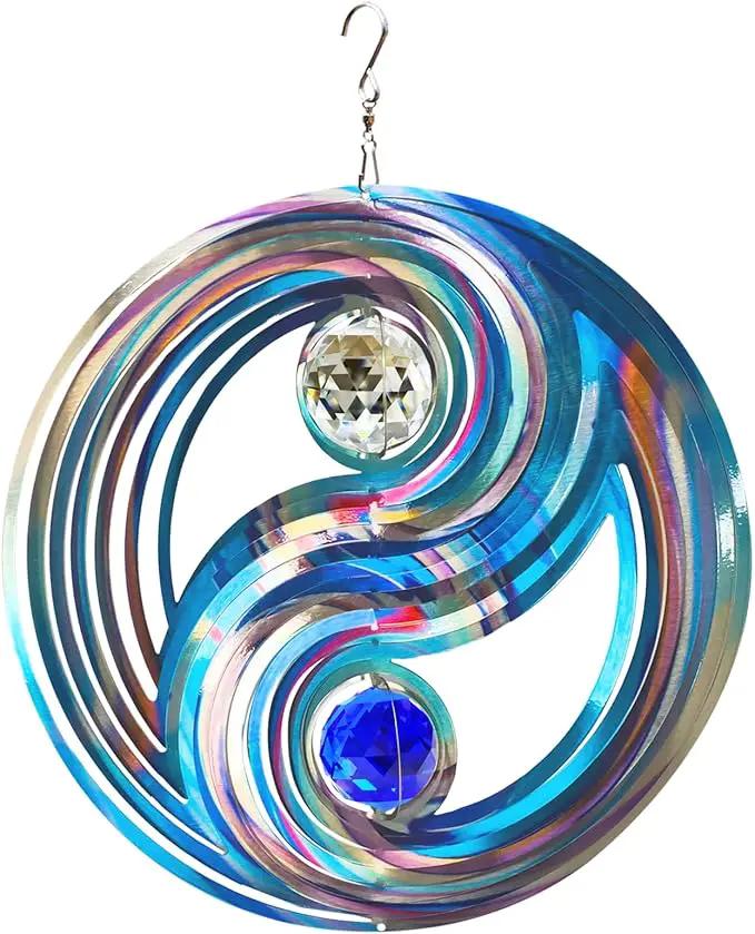 FONMY Mandala Wind Spinner w/Crystal Ball-Fengshui 3D Stainless Steel Hanging Spinners Worth Gift Christmas Decoration Indoor/Outdoor Garden Décor Kinetic Yard Art 12 Inches Wind Sculpture by GreenHaven Gardens