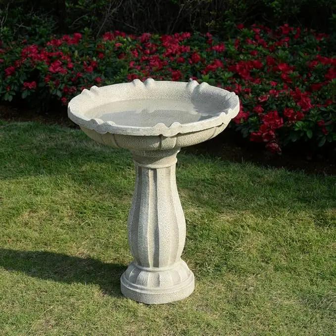 Bird Bath for Outdoor - 26'' Tall Resin Stone Modeling Design Birdbaths, Lightweight and Durable - Enhance Your Outside Garden with This Stunning Water Feature (Ivory White) by GreenHaven Gardens