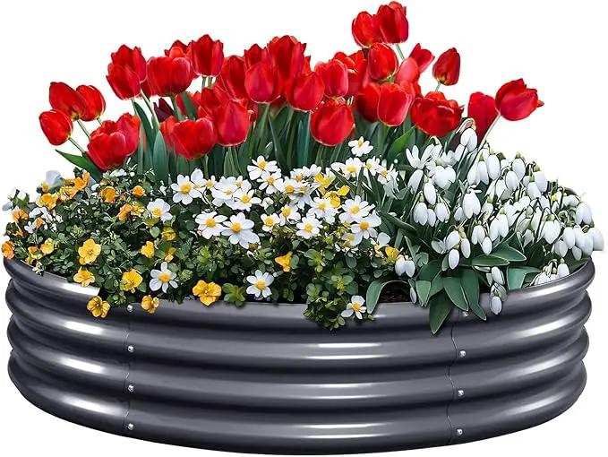 KING BIRD Raised Garden Bed Galvanized Round Planter Box Outdoor for Gardening, Plants, Vegetables, Flowers, Dark Grey, 47x47x12 in by GreenHaven Gardens