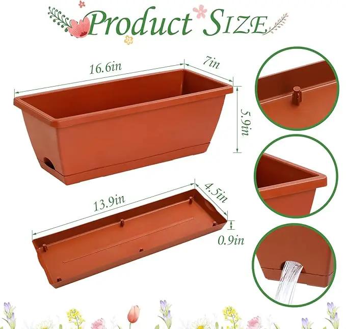 12Pcs 17Inches Rectangle Planter Box with Drainage Holes and Trays Plastic Planters Flower Boxes Pots for Indoor Outdoor Plants Patio Garden Home Decor Porch Yard (Red) by GreenHaven Gardens