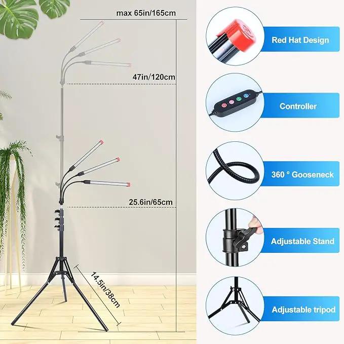 3-Head Grow Lights for Indoor Plants with Stand 27W, LED Plant Grow Light for Tall Houseplants, Bonsai Tree, Full Spectrum Growing Lamp with 4,8,12 Hr Timer, 24"-64" Adjustable Height by GreenHaven Gardens