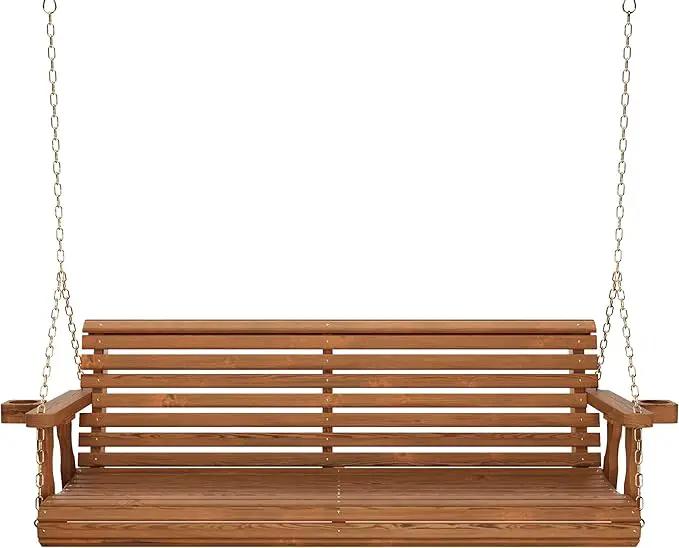 Amish Casual 4 Foot Roll Back Porch Swing with Cup Holders in Oak Stain - Amish Made in The USA from Treated Pine Heavy Duty 700 Lb. Weight Capacity by GreenHaven Gardens