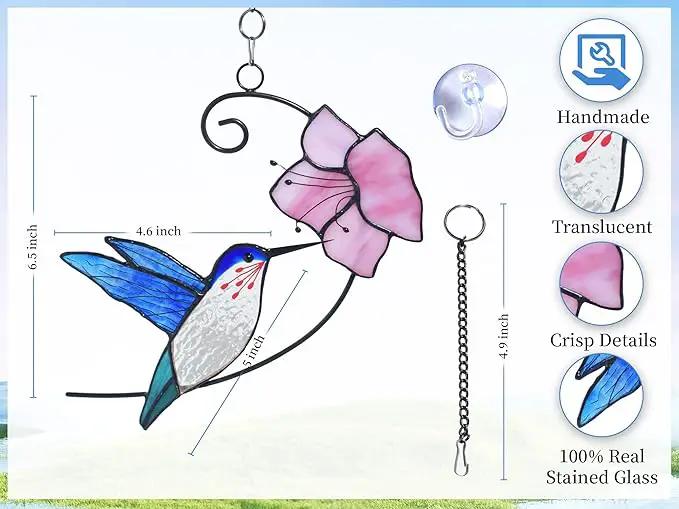 Lolitarcrafts Hummingbird with Flower Stained Glass Suncatcher Bird Stained Glass Window Hangings Hummingbird Gift for Home Decor (Blue with Flower) by GreenHaven Gardens