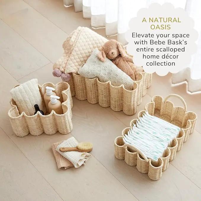 BEBE BASK Unique Wavy Scalloped Basket Set Of 2 - Scallop Basket - 16 x 10 x 7 In - Hand-Woven Elegant Wicker With Scalloped Edge Lid - Nursery Storage - (Earthy) by GreenHaven Gardens