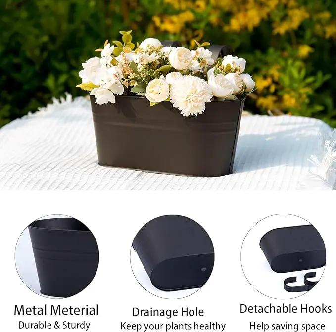 3 Pack Metal Hanging Flower Pots for Railing Fence，Outdoor Balcony Rail Planter with Detachable Hooks Drainage Holes for Deck Garden Home Decor Black by GreenHaven Gardens