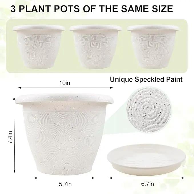 Plastic Flower Pots Planters for Indoor Plants, 3 Pack 10 Inch White Plant Pots with Drainage Hole & Tray, Modern Decorative Large Plant Pot with Saucer for Indoor Outdoor Plants Garden House Planter by GreenHaven Gardens