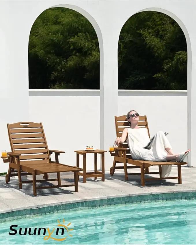 Lounge Chair Outdoor Set of 4 with Wheels, Adjustable 6-Position Chaise Lounge Outdoor, Patio Lounge Chair for Poolside Backyard, Teak by GreenHaven Gardens
