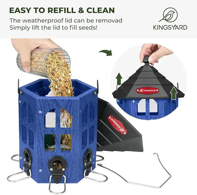 Kingsyard Wild Bird Feeder for Outdoor Hanging, Recycled Plastic Bird Feeders with 6 Ports & U-Shape Perch, Garden Yard Outside Decoration, 3.5 lbs Seed Capacity, Blue by GreenHaven Gardens