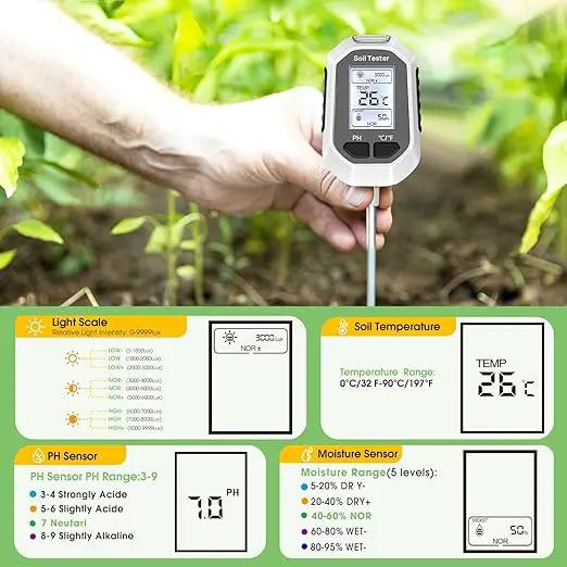 4-in-1 Soil Moisture Meter Digital Plant Temperature/Soil Moisture/PH Meter/Sunlight Intensity Backlight LCD Display Soil Test Meter for Gardening, Farming and Outdoor Plants by GreenHaven Gardens