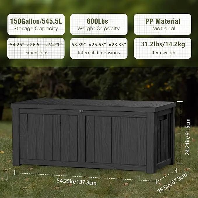 150 Gallon Outdoor Storage Box Patio Deck Box Waterproof, Resin Lockable Outside Large Storage Bin for Pool Cushion Furniture, Garden Tools UV-Resistant, Black by GreenHaven Gardens