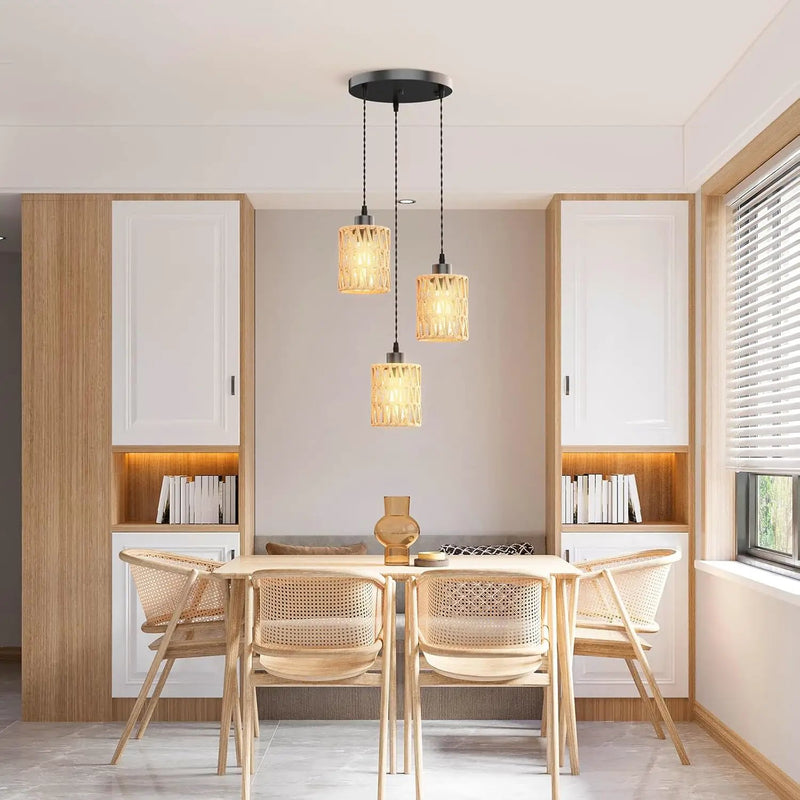 3 in 1 Farmhouse Hemp Rope Pendant Light - Rustic Hand-Woven Rattan Hanging Light Fixture for Kitchen Island,Dining Room,Bedroom- Wicker Cage Chandelier-Coastal/Nautical/Boho Style Lighting Fixture by GreenHaven Gardens