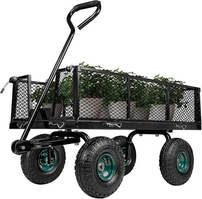 Taifa Heavy Duty Utility Steel Garden Cart 880 Lbs Capacity with Detachable Side Panels Convert to Flatbed for Yard Lawn and Farm, Metal Wagon with 180° Rotating Handle, Black by GreenHaven Gardens