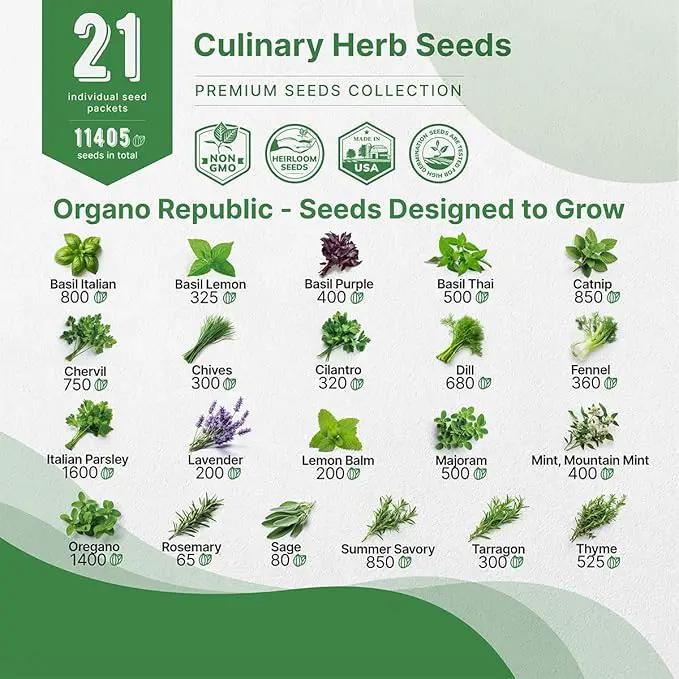 21 Culinary Herb Seeds Variety Pack - Heirloom, Non-GMO, Herb Seeds for Planting Outdoor and Indoor - Home Gardening. Over 11,400+ Seeds Including Rosemary, Thyme, Oregano, Mint, Basil, Parsley & More by GreenHaven Gardens