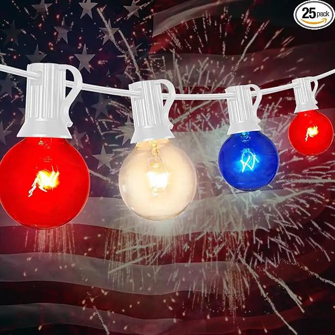 4th of July Decorations Lights Outdoor, 25Ft Red White and Blue Lights with 25 G40 Light Bulbs, Plug in G40 Patriotic Light for Indoor Independence Day Party Memorial Day-White by GreenHaven Gardens