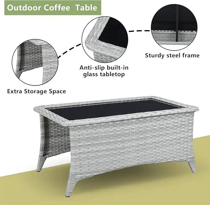 Patio Tables Wicker Coffee Table - Outdoor Rattan Coffee Tables with Glass Top for Patio Proch Deck Balcony Rectangle Light Grey by GreenHaven Gardens