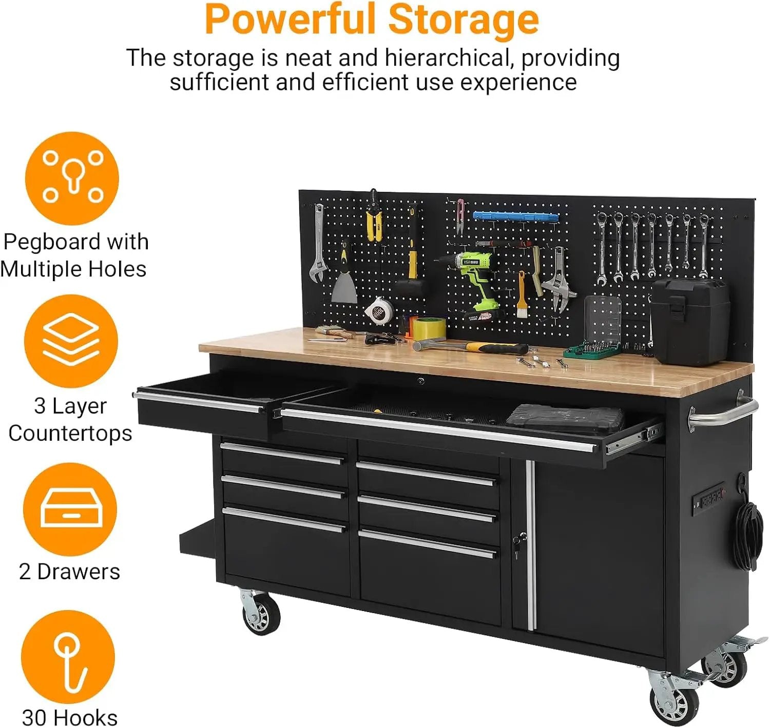 Heavy Duty 61" Tool Chest Cabinet, Mobile Garage Workbench with 10 Drawers and Power Strip, Rubber Wood Worktop, 1675 LBS Load, Rolling Tool Storage Organizer for Mechanic, Shop or Home Use by GreenHaven Gardens