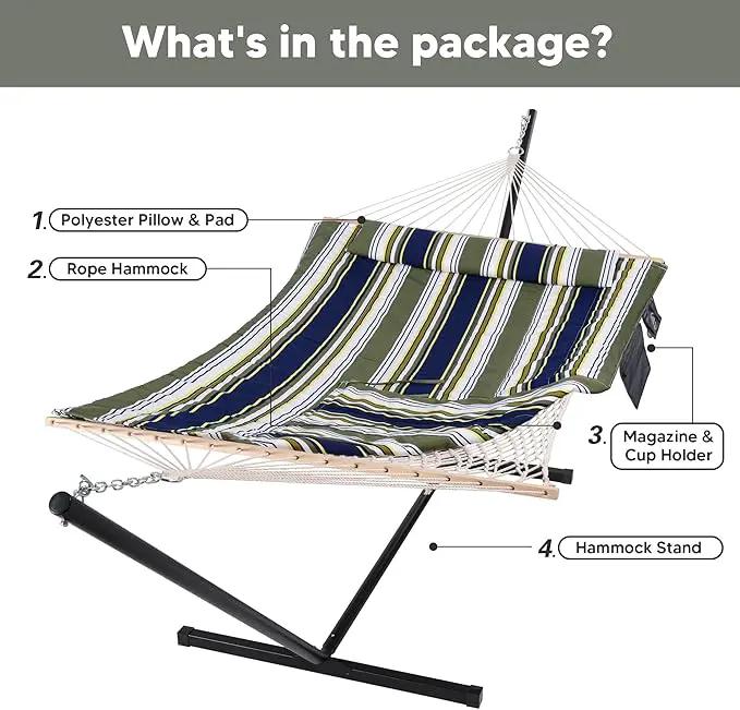 SUNCREAT Hammocks Double Outdoor Hammock with Stand, Cotton Rope Two Person Hammock with Polyester Pad & Large Pillow, Blue& Gray by GreenHaven Gardens