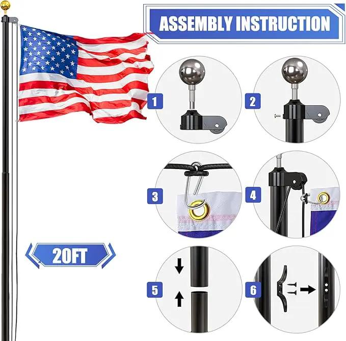20FT Sectional Super Thick Flag Pole Kit, Heavy Duty 13 Gauge Aluminum in Ground Flagpole with 3x5 American Flag for Residential or Commercial, Black by GreenHaven Gardens
